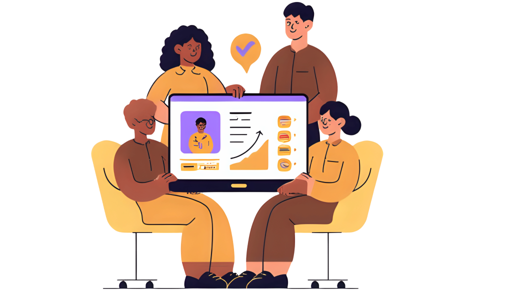 Illustration of diverse employees gathered around a laptop with check marks and charts on the screen, celebrating efficient HR systems and teamwork.