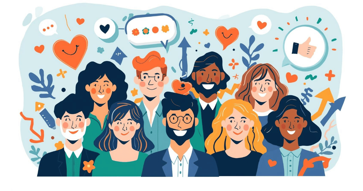 Diverse group of smiling employees celebrating with positive communication symbols and confetti representing successful benefits engagement