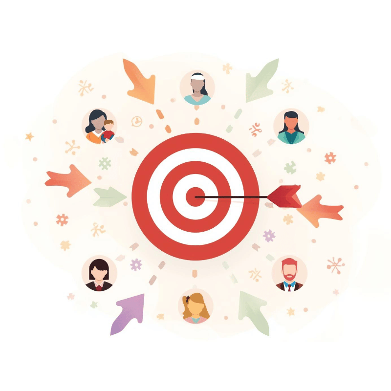 Target diagram surrounded by diverse employee personas with customized benefit symbols and connecting arrows