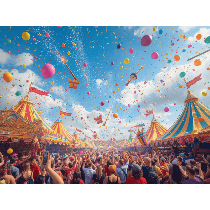 Festive carnival scene with celebration elements representing engaging open enrollment experience