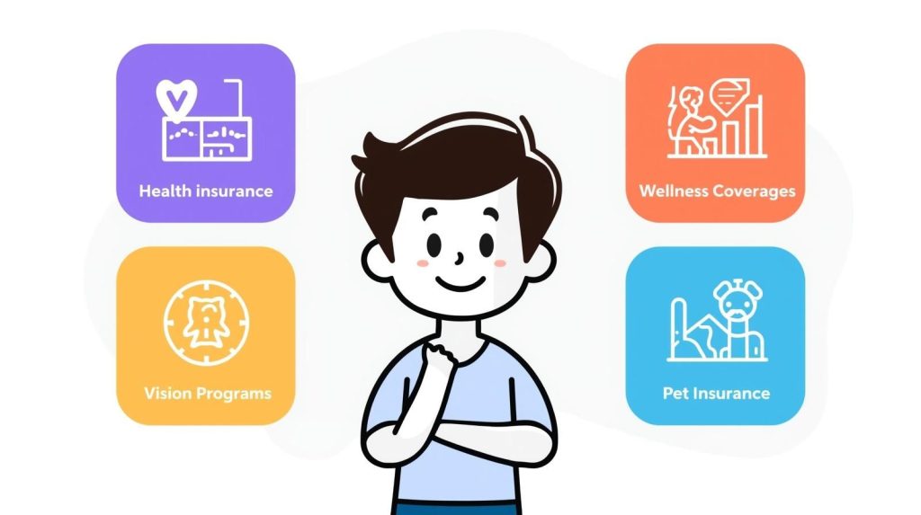 Cartoon illustration of smiling employee selecting from various colorful benefit option icons including health, dental, and wellness programs