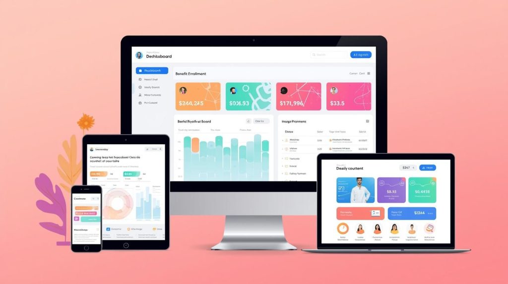 Modern illustration of benefits administration software dashboard on multiple devices showing enrollment interface and user-friendly design.