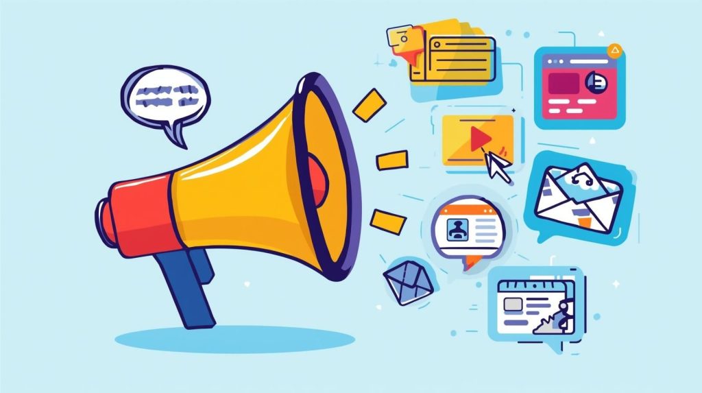 Vibrant illustration featuring communication tools like megaphones, email icons, and speech bubbles representing benefits outreach and employee engagement