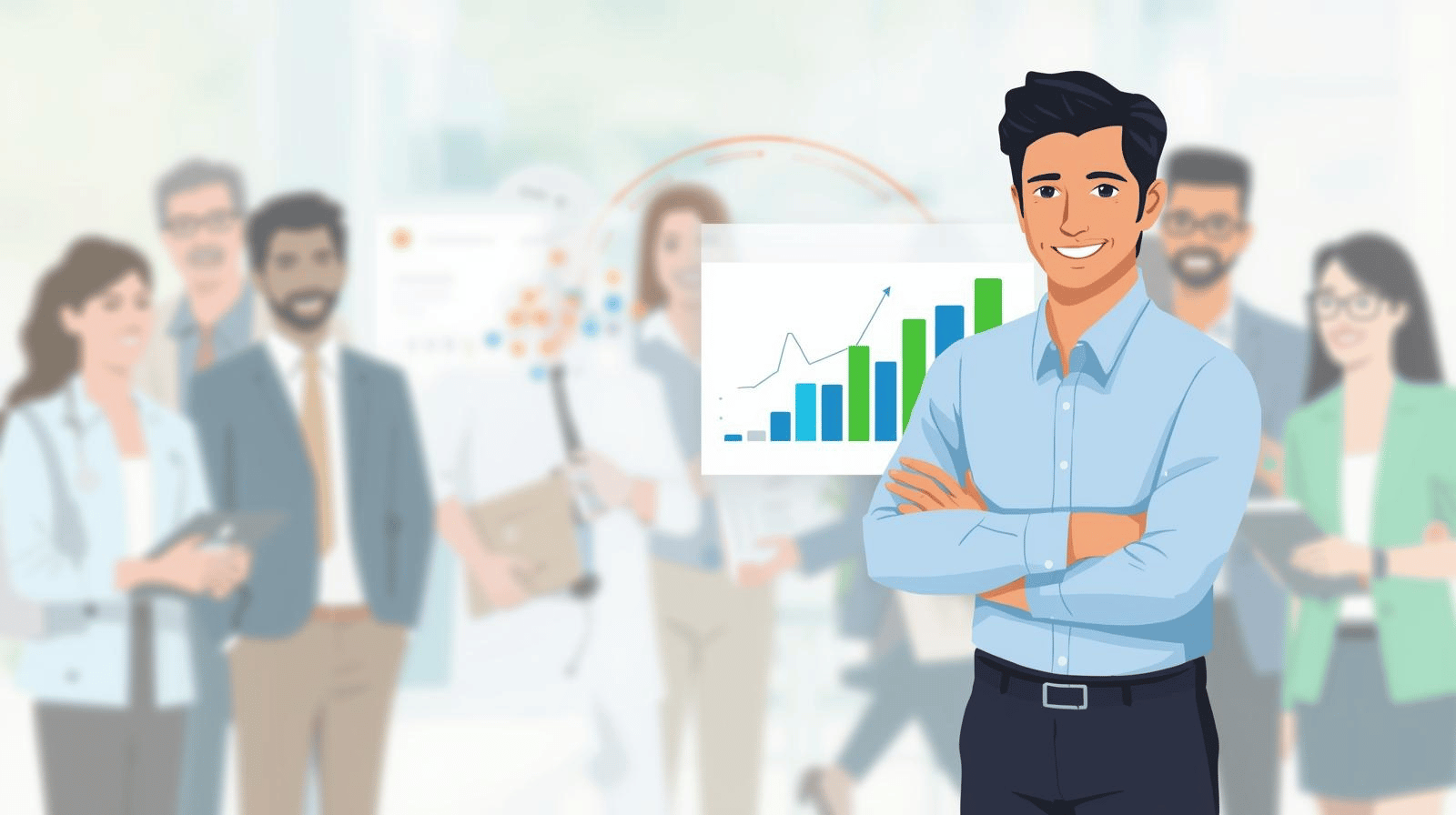 HR leader reviewing healthcare cost savings strategies with happy employees, symbolizing reducing healthcare costs while improving employee satisfaction.