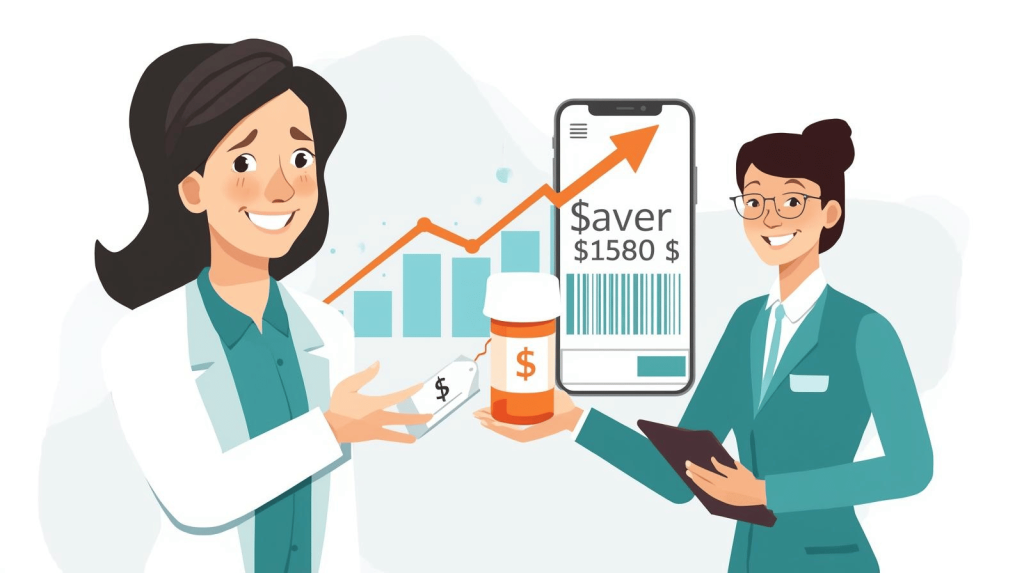 Pharmacist giving an employee a prescription with savings tag, showing how to reduce drug costs with rebates and GoodRx