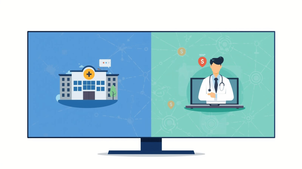 Employee comparing hospital and telemedicine options with cost savings icons, symbolizing smarter healthcare networks and telemedicine incentives.