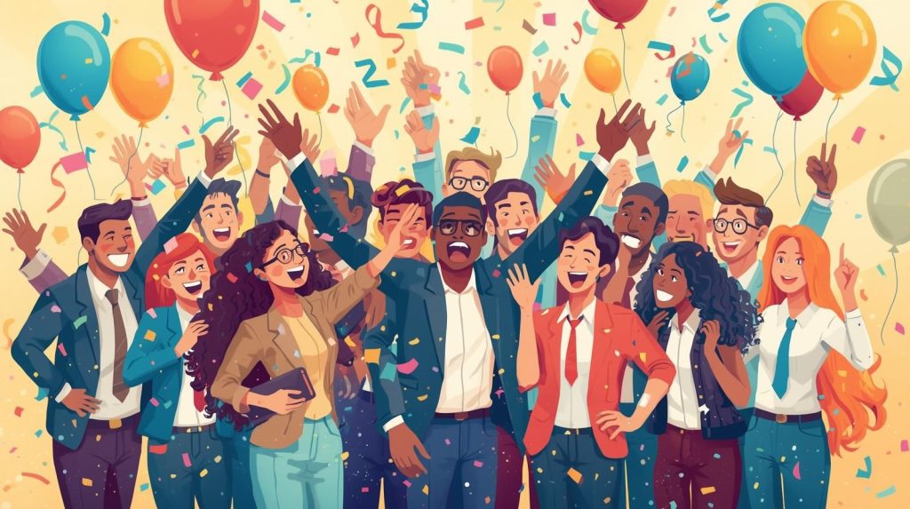 Cheerful illustration of people celebrating with confetti and balloons, representing successful completion of open enrollment process.