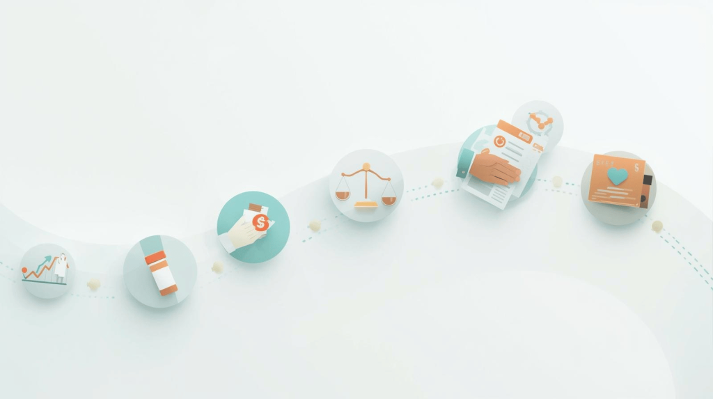 Six-month implementation roadmap with icons for prescription savings, weight loss program, direct contracting, and telemedicine, showing a benefits cost savings strategy.