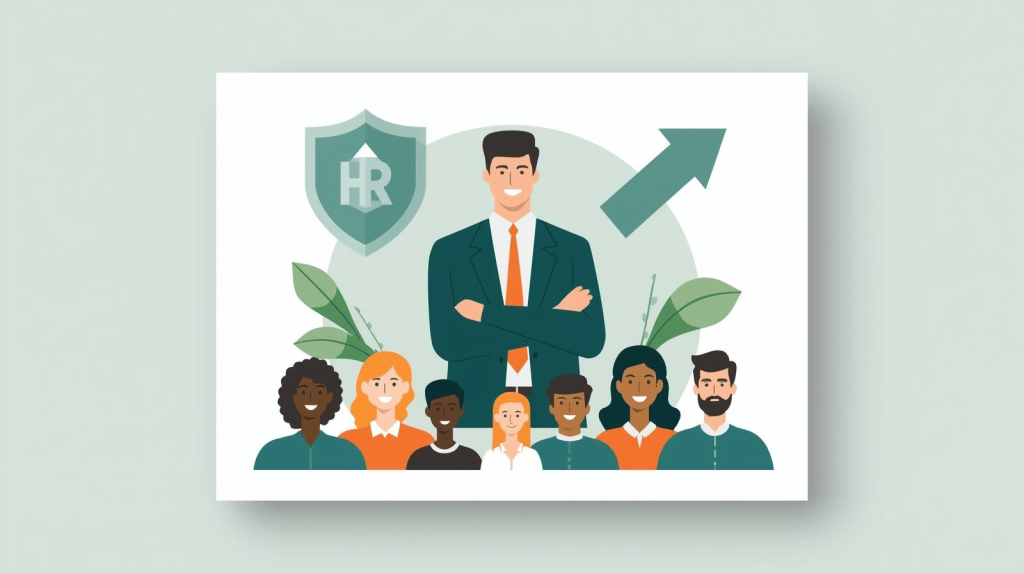 Confident HR leader standing beside a shield and upward arrow with diverse employees, symbolizing healthcare cost savings and protecting employee care.