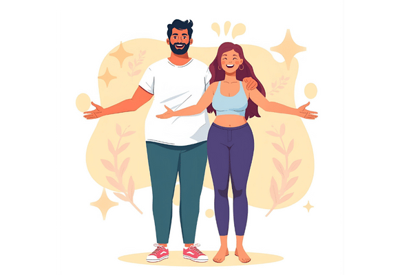 Happy couple showing weight loss transformation, healthy lifestyle, and improved confidence through fitness and wellness.