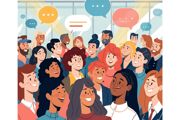 Illustration of diverse employees in a modern workplace, happily engaging with one another, connected by glowing lines and symbols that represent clear, impactful communication.