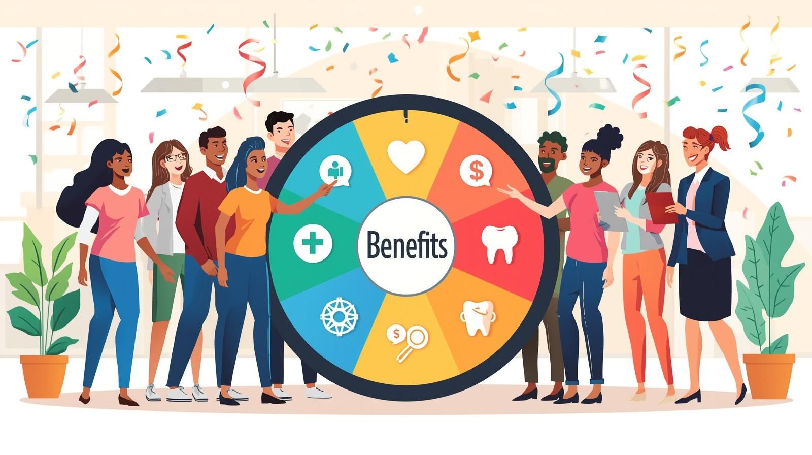 Hero illustration featuring diverse employees gathered around a large, colorful benefits selection wheel with an enthusiastic HR administrator, representing the excitement and success of open enrollment benefits administration