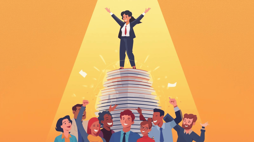 HR leader celebrating benefits compliance success with team support.