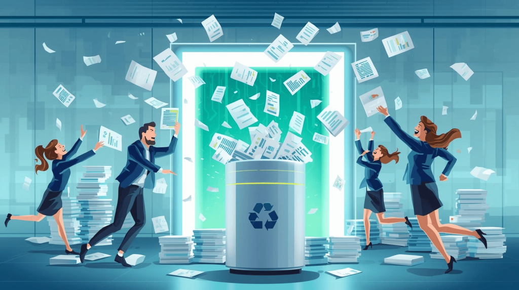 HR team escaping piles of paper and spreadsheets into a sleek digital benefits portal