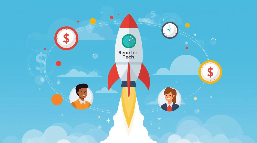 A rocket launch symbolizing benefits technology driving cost savings and employee satisfaction