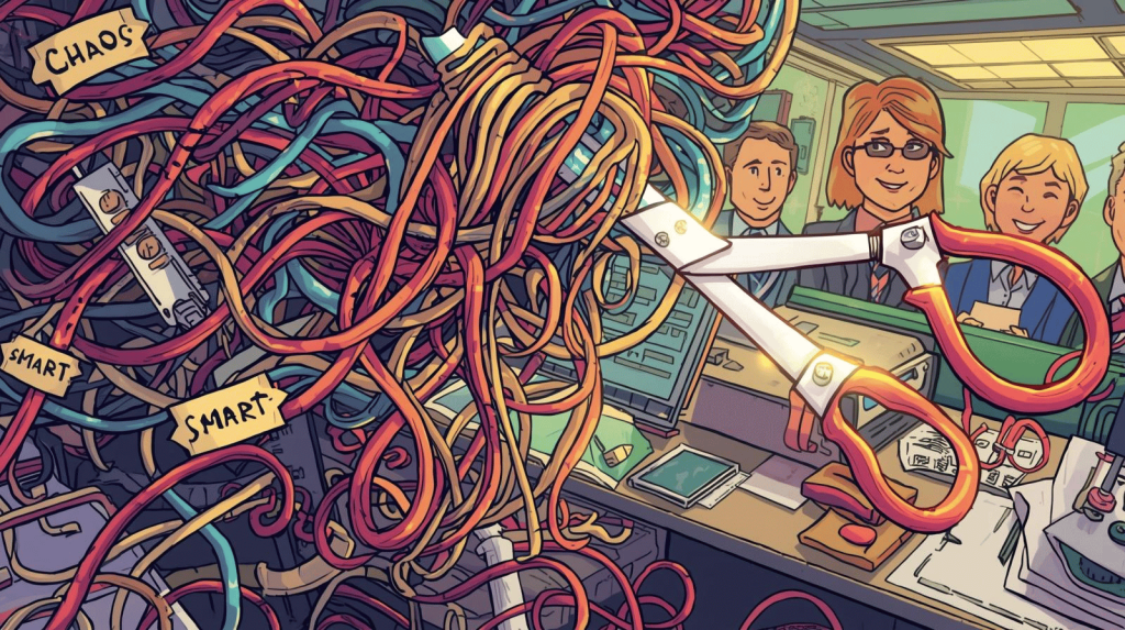 A chaotic office scene transformed into an organized system with happy employees