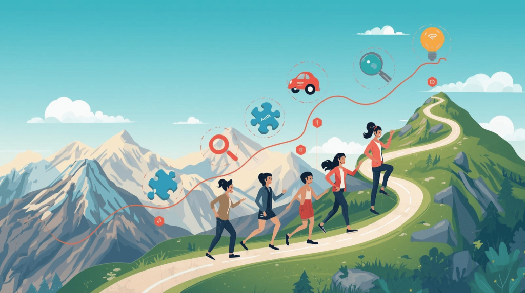 Roadmap illustration with milestones for implementing HR technology successfully