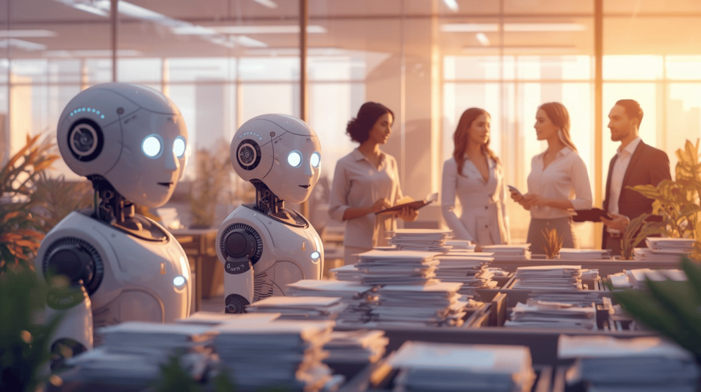 Robots managing paperwork while HR professionals focus on people
Description: Illustration showing how automation frees HR teams to focus on human interactions that matter most.
