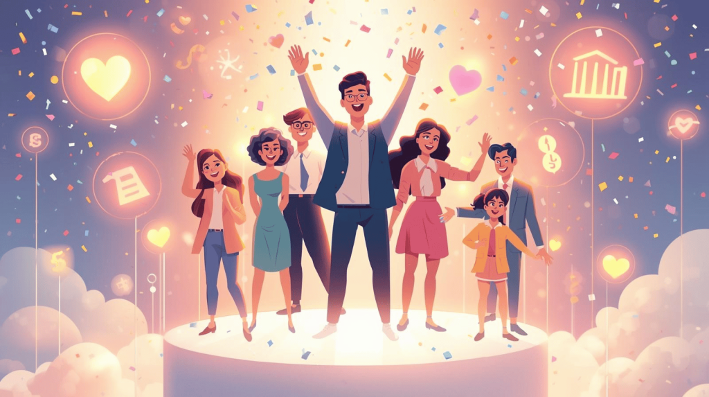 Happy employees celebrating on a cloud platform surrounded by benefits icons