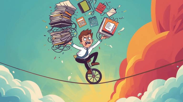 Overwhelmed HR benefits administrator juggling multiple tasks while balancing work and deadlines.