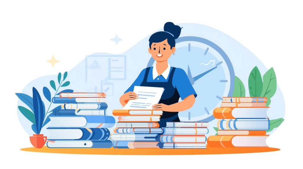 miling benefits administrator organizing stacks of documents with a clock in the background.