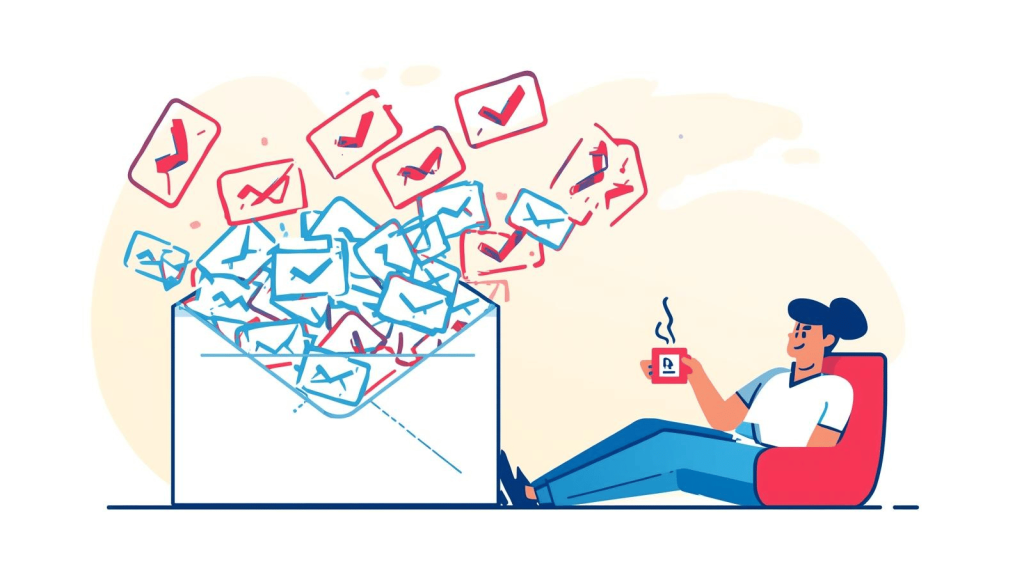 Benefits administrator using email templates to respond quickly, symbolized by emails auto-filling and sending instantly.