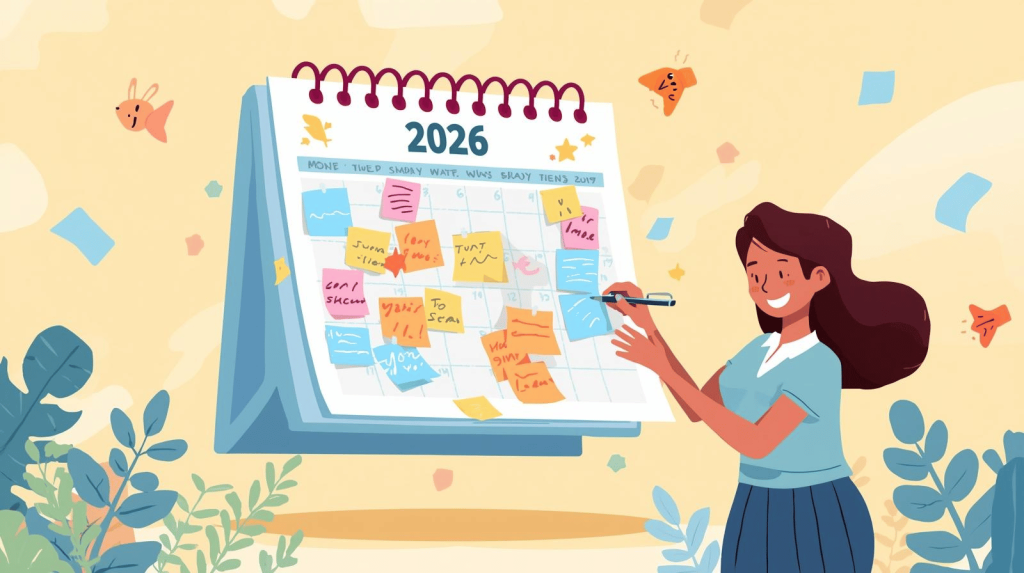 Happy benefits administrator calmly checking off compliance deadlines on a colorful oversized calendar.