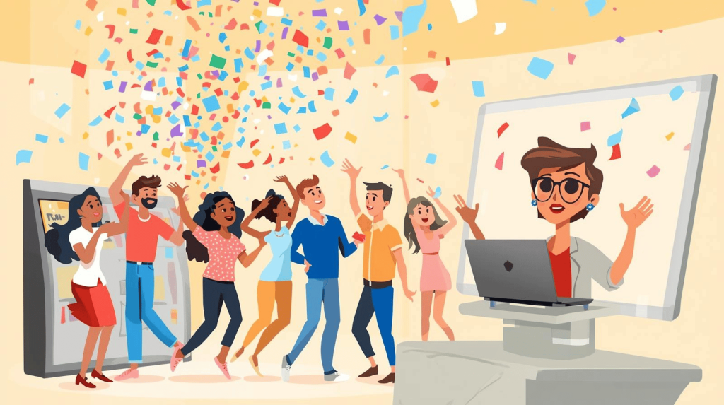 Employees happily using a self-service portal while HR relaxes stress-free.”
