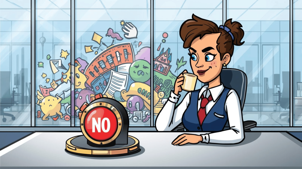 Confident benefits administrator enforcing boundaries with a giant ‘NO’ button.
