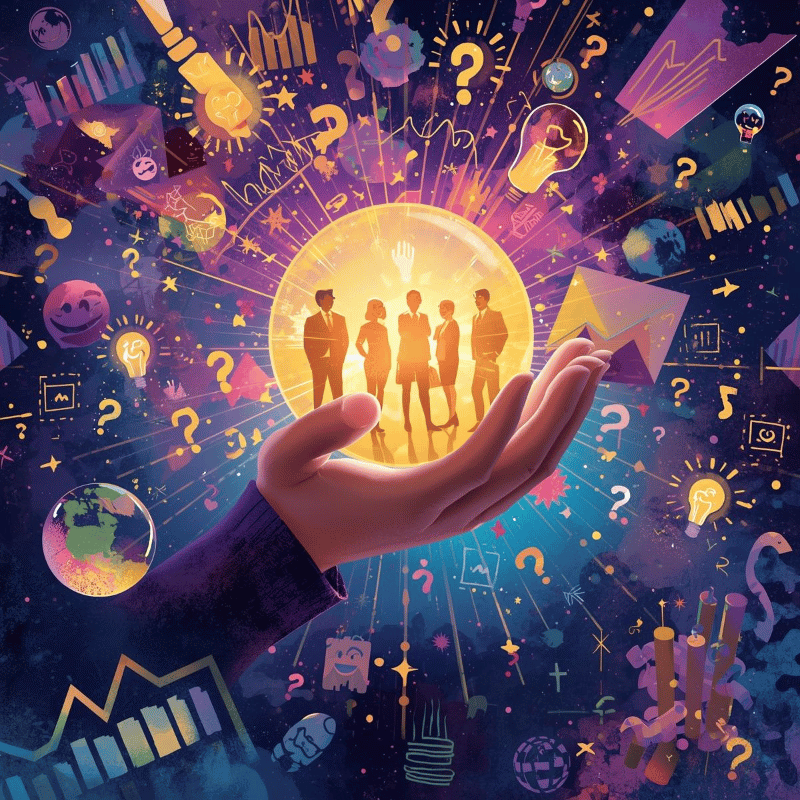 Professional holding crystal ball showing employee insights with survey symbols and data visualization elements