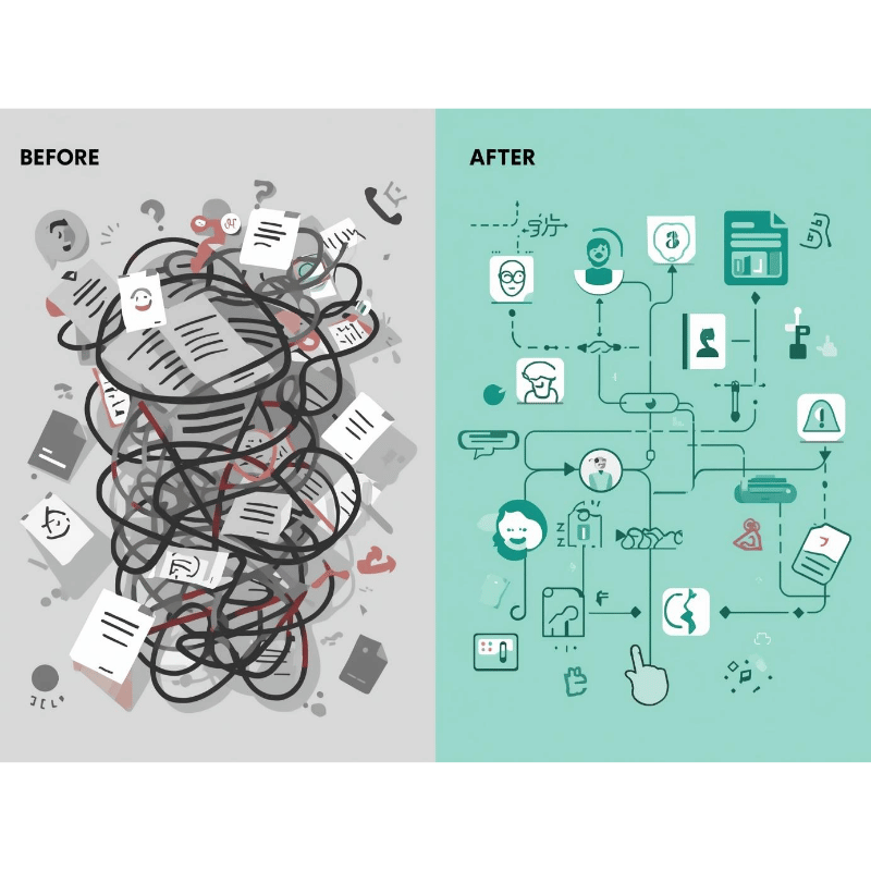 Before and after comparison showing complex benefits documents being transformed into simple, clear information