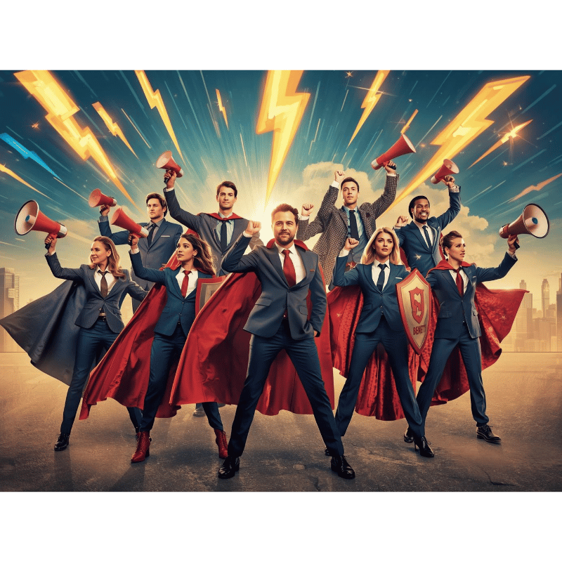 Diverse group of managers in superhero poses with benefits communication tools and power symbols