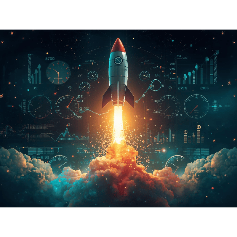 Rocket ship launching with data analytics elements and upward trending success indicators