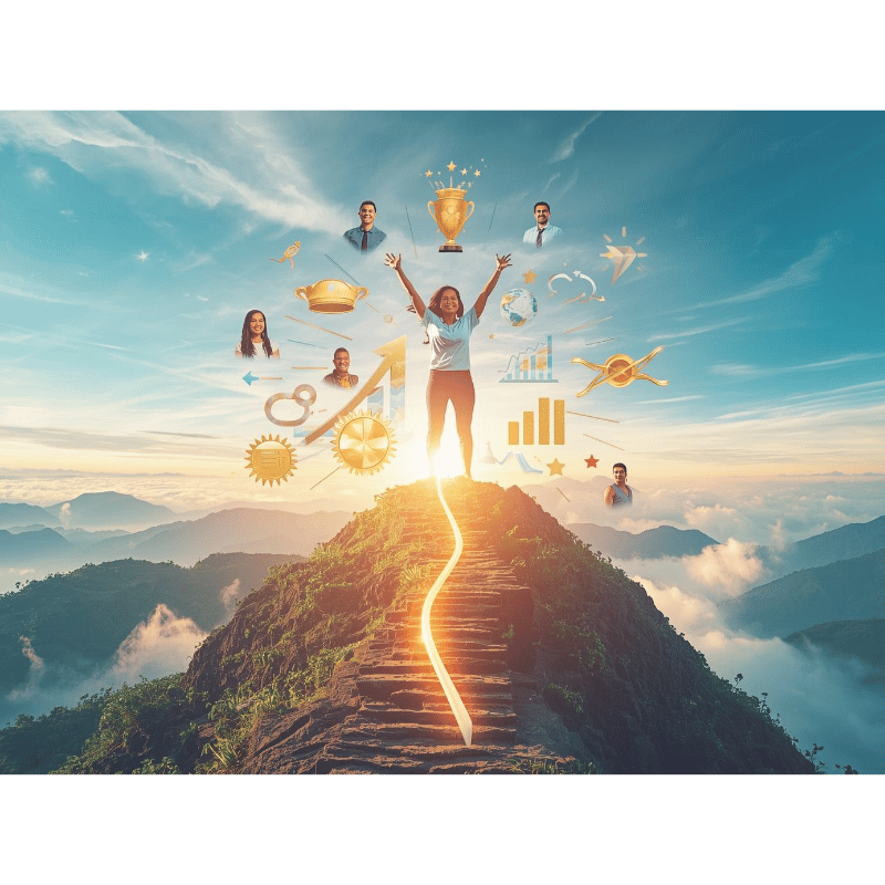 Successful benefits administrator celebrating victory on podium surrounded by engagement success symbols