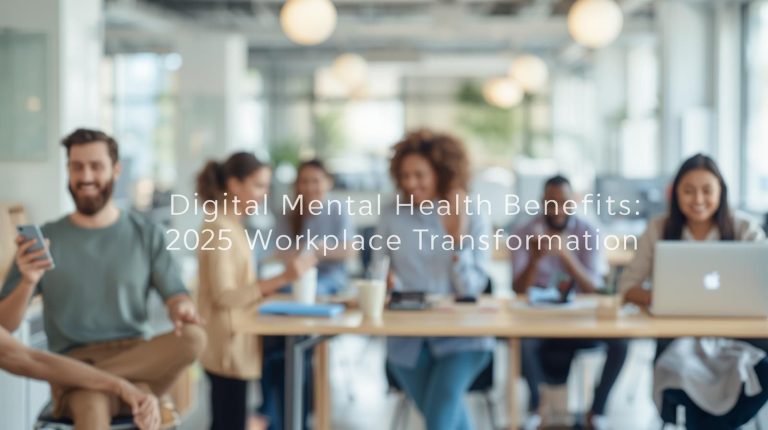 Diverse employees in modern office using digital mental health benefits including smartphone wellness apps, virtual therapy video sessions, and participating in team mental health challenges