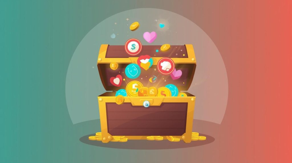 Treasure chest filled with employee mental health benefit icons including insurance shield, wellness heart, brain health symbol, and flexible calendar representing hidden workplace benefits