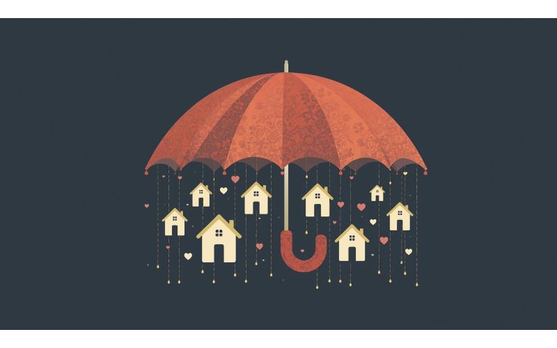 Protective umbrella covering multiple houses with hearts representing family mental health benefits extending to spouse, children, and dependents
