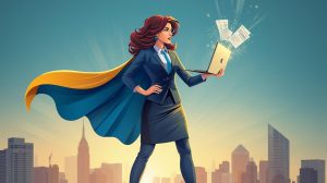 Female benefits administrator superhero in business attire with cape holding laptop and transforming HR documents into digital sparkles