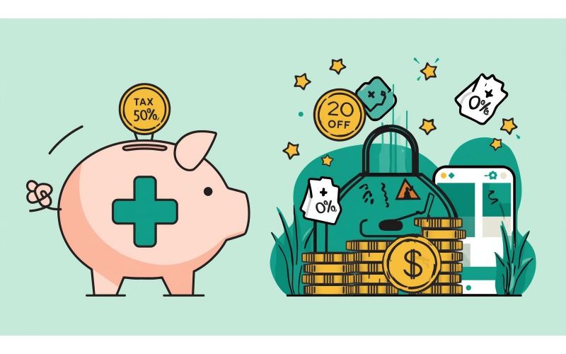 Piggy bank with medical symbol and falling coins showing 20-35% tax savings on mental health expenses through HSA and FSA accounts