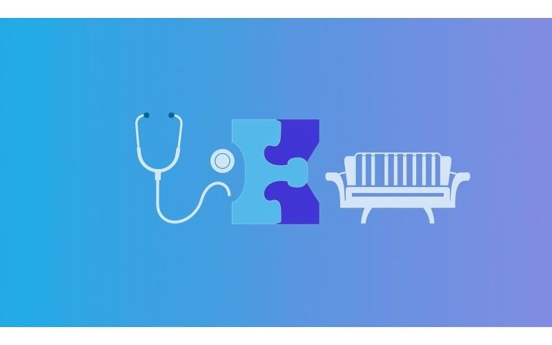 Equal sign connecting medical stethoscope and therapy couch representing mental health parity laws requiring equal insurance coverage for therapy and medical care