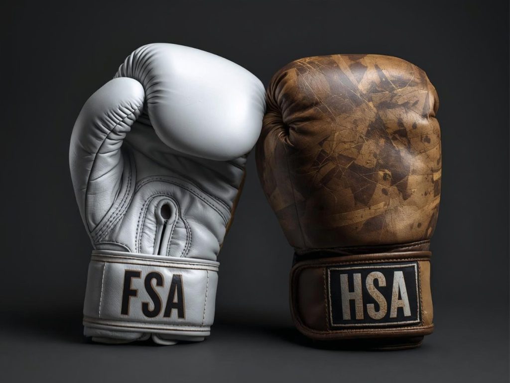 Side-by-side comparison table of HSA versus FSA features including rollover, portability, and investment options