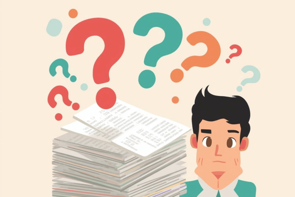 Confused person looking at a stack of dense benefits documents — how poor open enrollment communication leads to repeated HR questions and enrollment mistakes