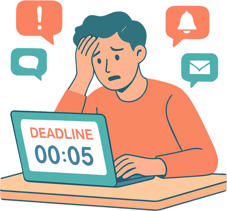 Employee stressed at laptop with open enrollment deadline notification — why employees always wait until the last minute to enroll in benefits