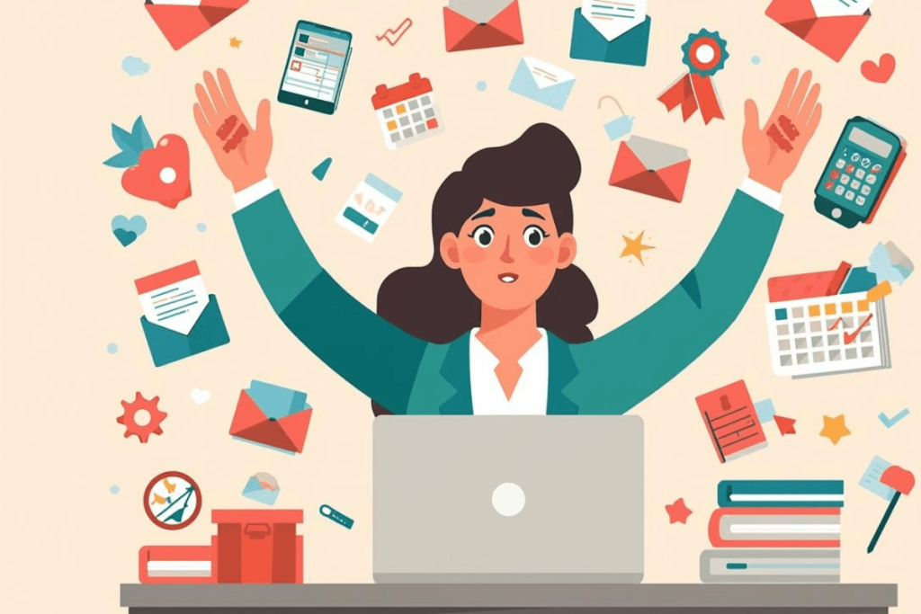 HR professional surrounded by emails, checklists, and calendars during open enrollment planning — managing employee benefits enrollment on a small team