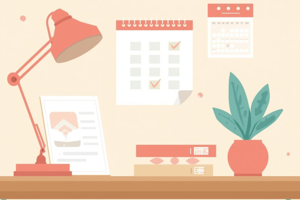 Clean organized desk with checklist and calendar — a simple open enrollment timeline system that helps HR professionals feel in control during benefits enrollment.