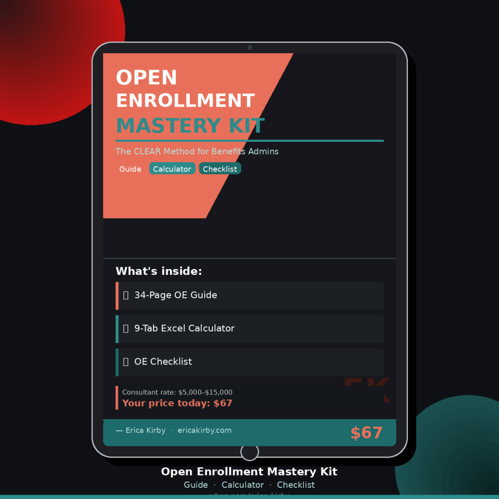 Open enrollment toolkit for HR — Erica Kirby's OE Mastery Kit with 34-page guide, Excel calculator, and benefits enrollment checklist